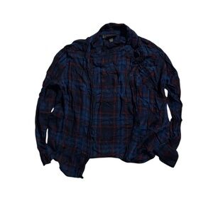 Polly & Esther Women's Plaid Button-Down Shirt in Navy and Burgundy
